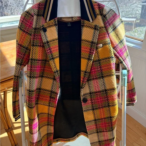 Scotch & Soda Mustard, Pink & Black Plaid Pea Coat - Picture 1 of 4